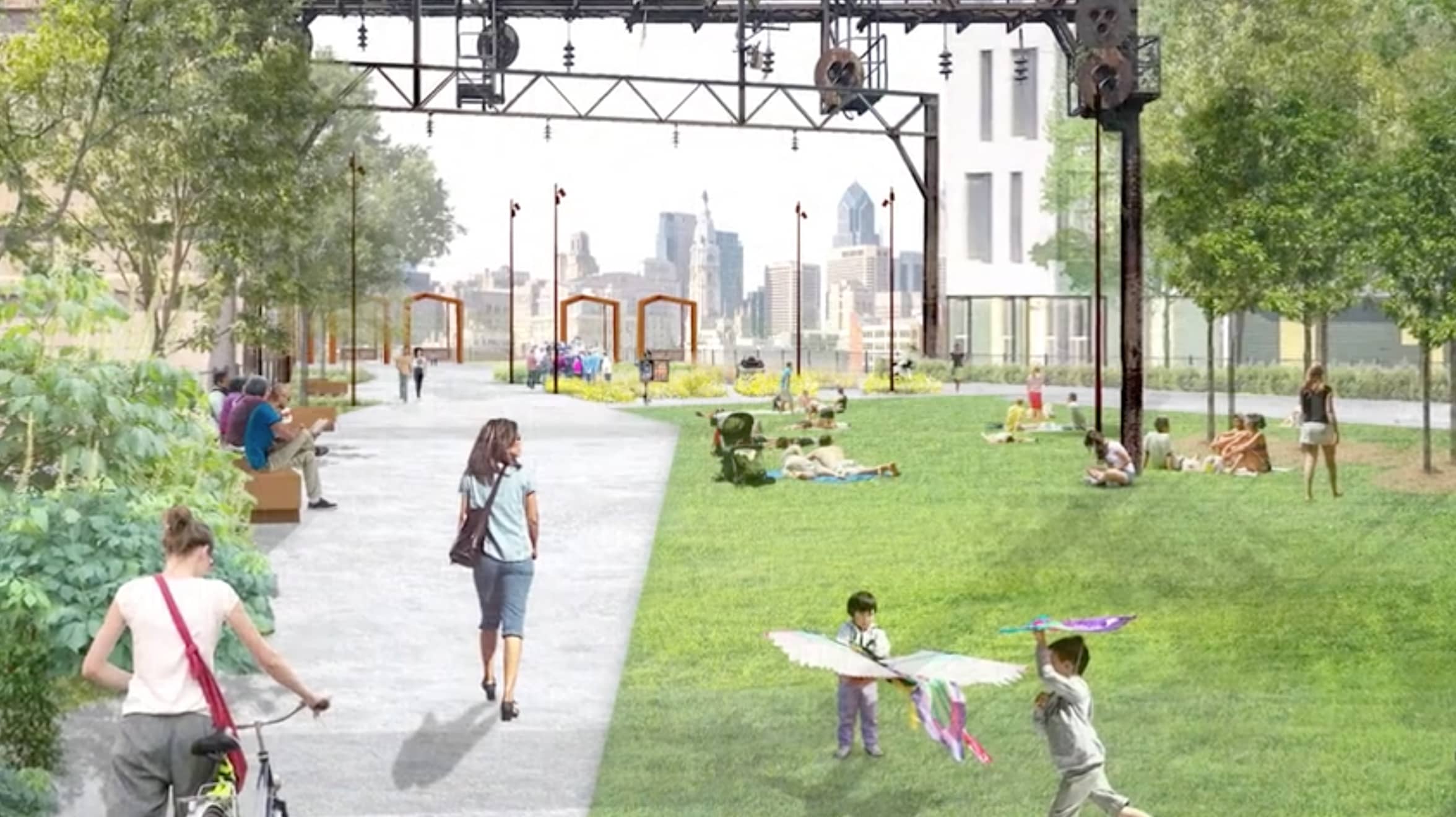 A bustling urban park with people walking, biking, and relaxing on the grass. Children play with kites, while a skyline is visible in the background.