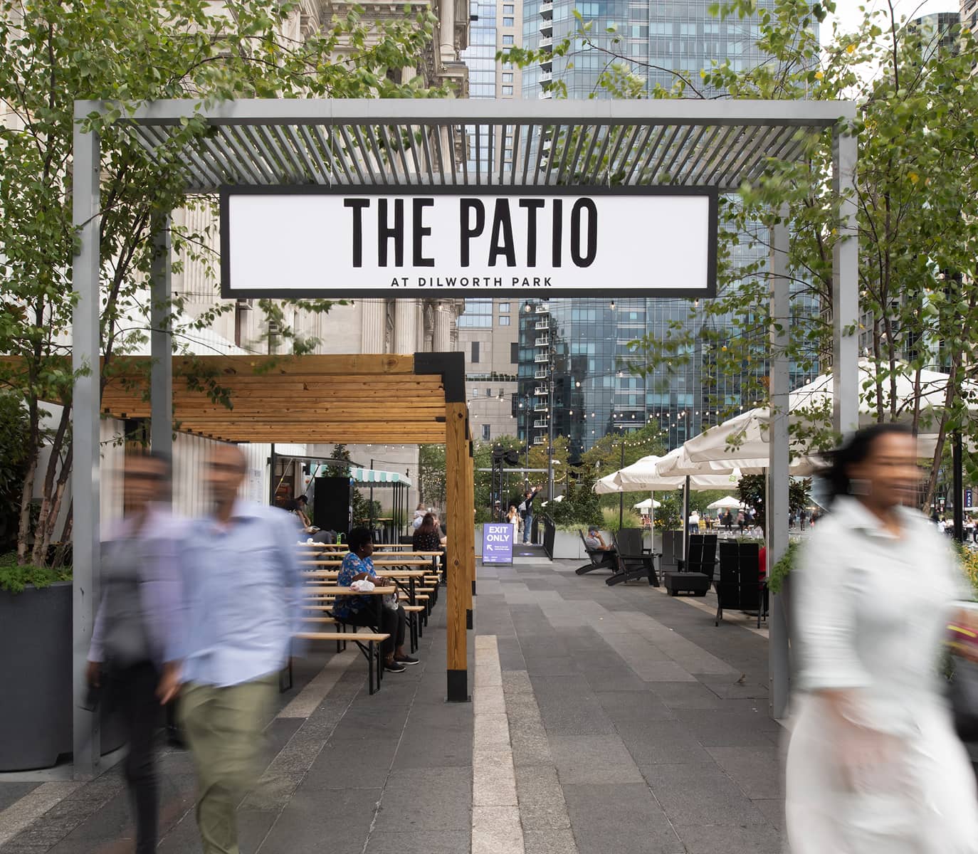 Outdoor seating area at Dilworth Park called 