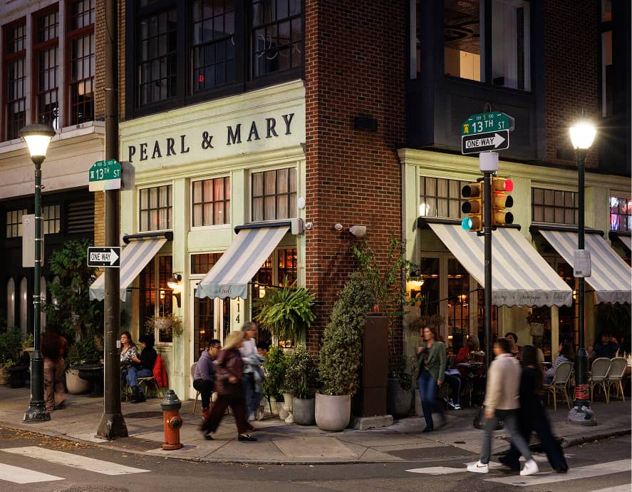 Street view of a corner restaurant, 