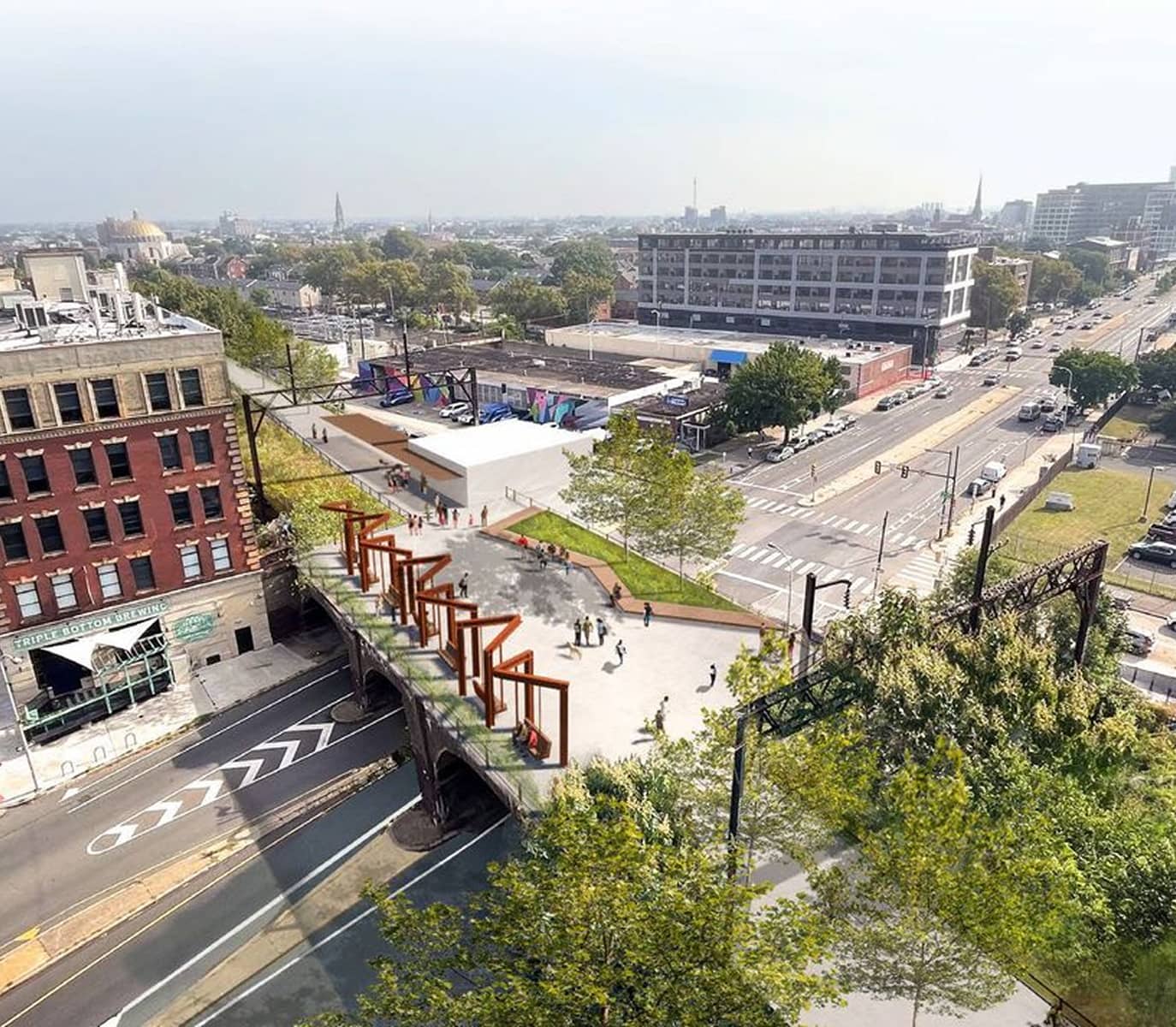 Aerial view of a modern urban park on an elevated structure. Features include geometric sculptures, pathways, greenery, and people enjoying the open space.