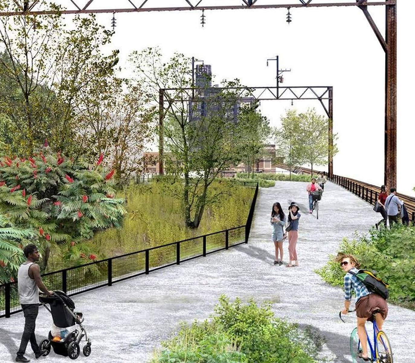 People walk and cycle on a tree-lined path with lush greenery and industrial structures in a park setting. The scene is lively and inviting.