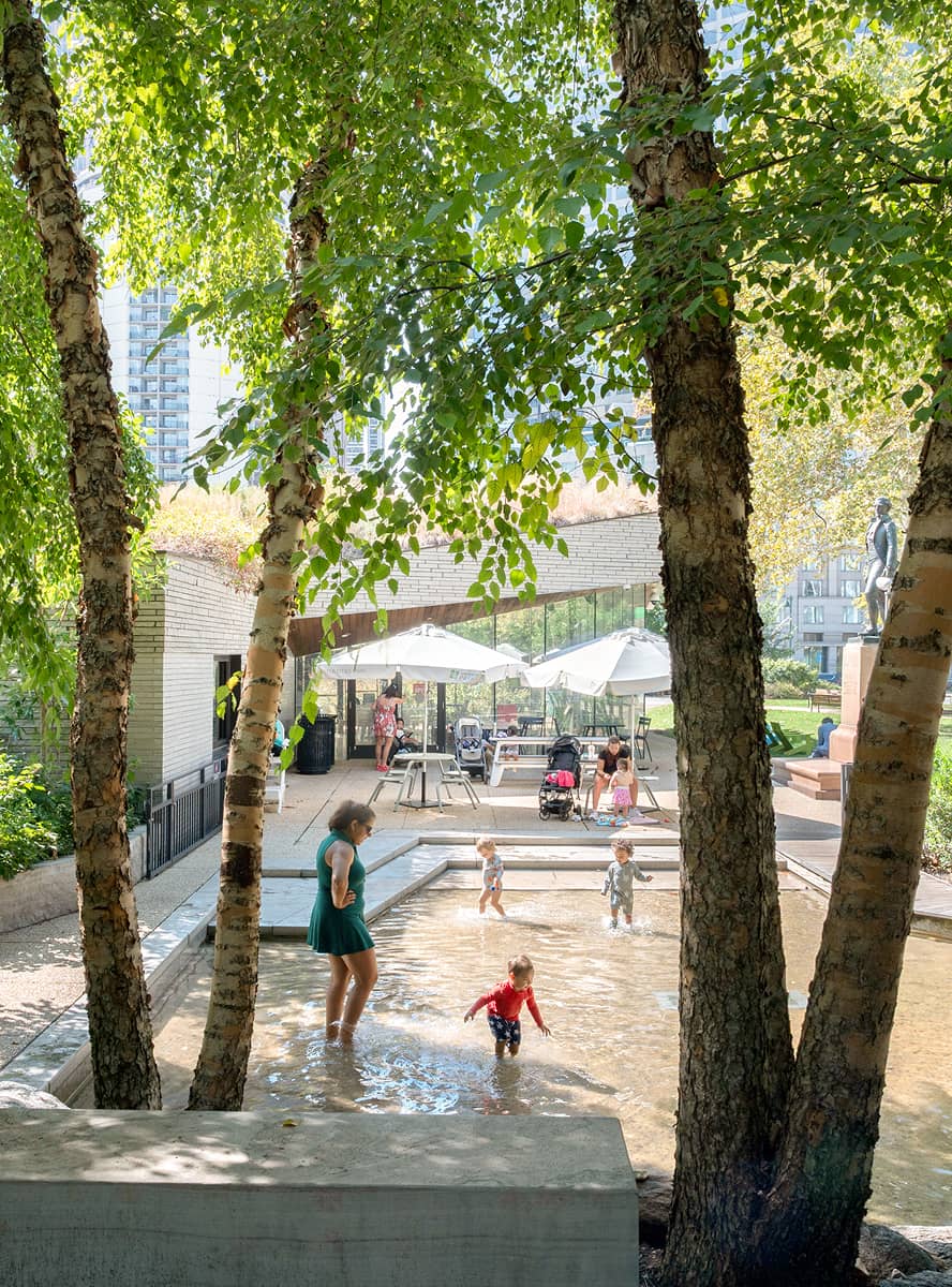 Children play in a shallow fountain surrounded by birch trees and a modern building. Sunlight filters through leaves, creating a joyful summer scene.