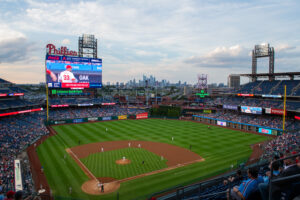 Photo of Citizens Bank Park during a Phillies game with the skyline in the background
