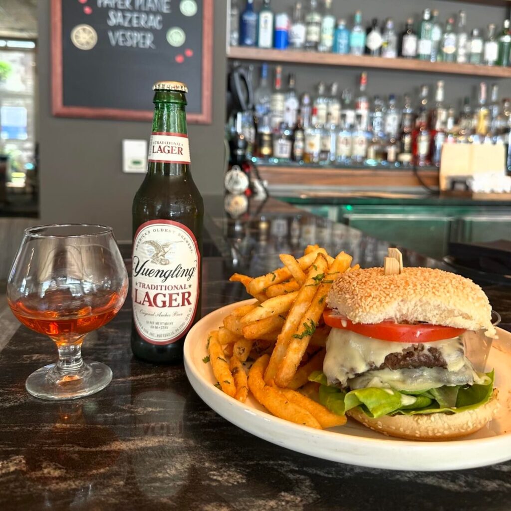 Burger, fries and a beer from Square 1682