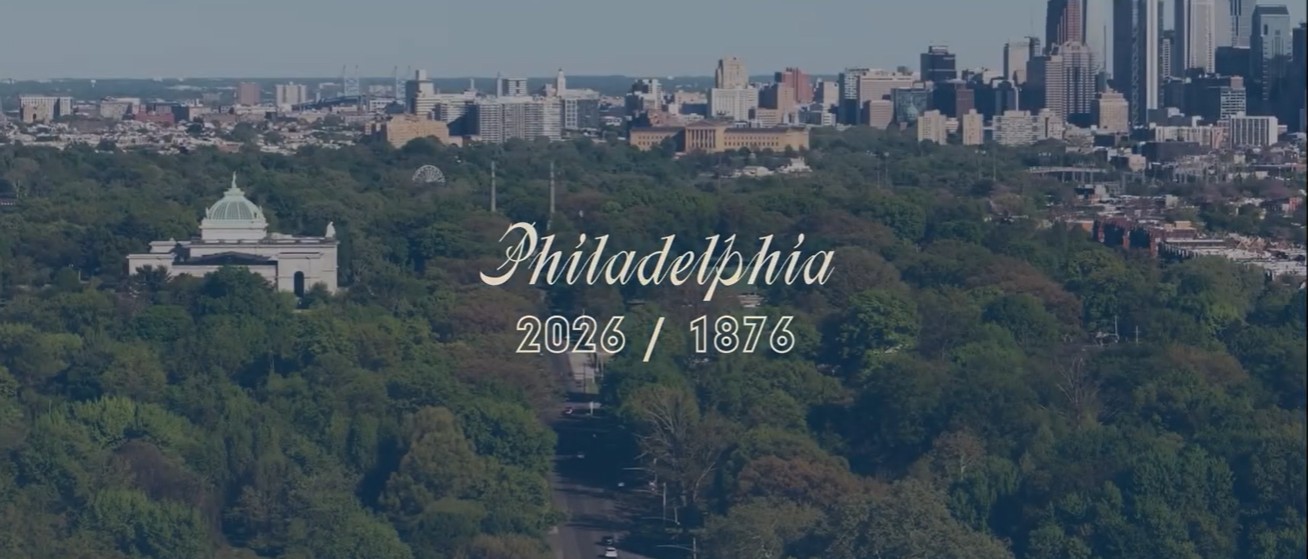 Philadelphia Skyline with the title Philadelphia 2026/1876 used for a video clip.