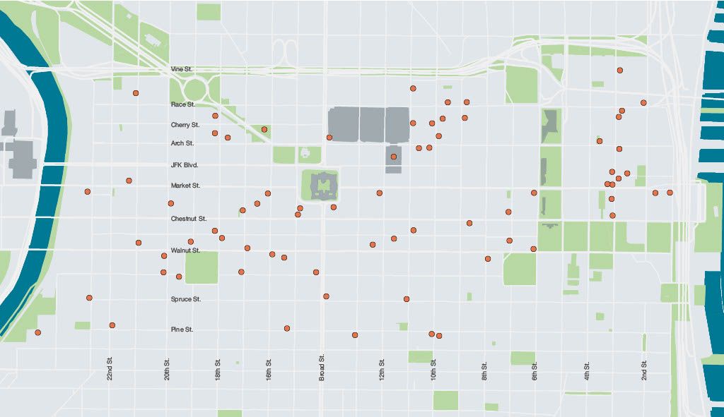 Graphic map indicating the location of coffee shops in Center City.