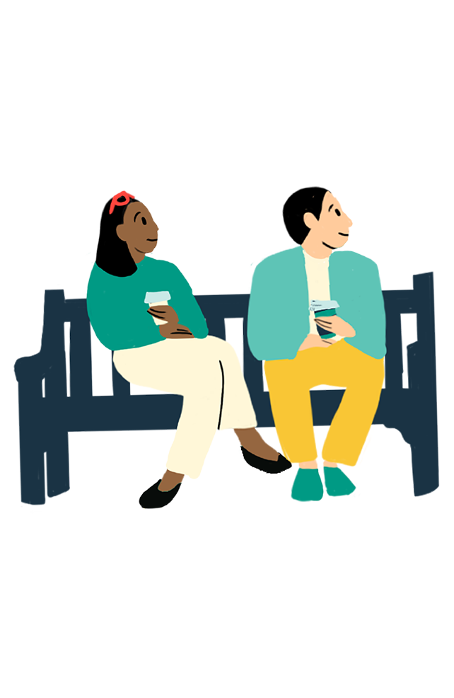 Illustration of a man and woman on a bench both holding coffee cups.